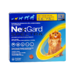 Front of NexGard Spectra veterinary chewable tablets box for dogs 3.6–7.5 kg, showing a golden retriever and a yellow swirl design