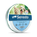 Brand-name pet flea and tick collar for small dogs and cats up to 8 kg; shows cat and dog on packaging (Seresto by Elanco).