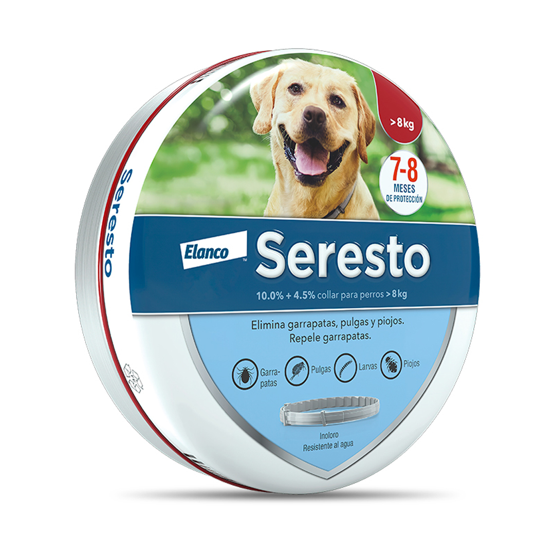 Elanco Seresto flea and tick collar for dogs over 8 kg, shown on round blue packaging with a smiling golden retriever image