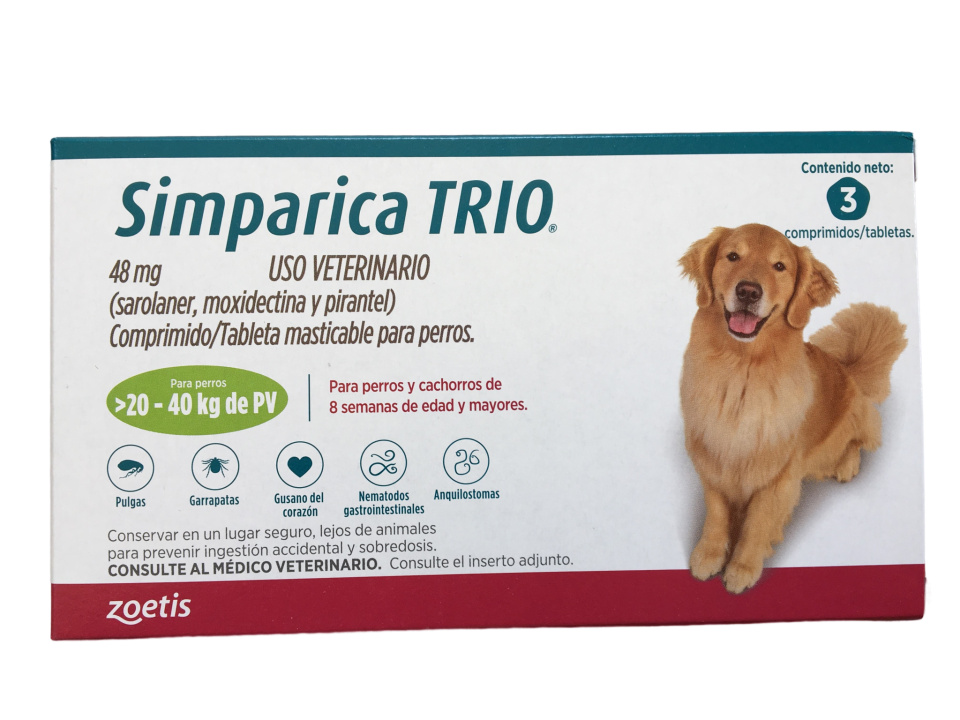 Simparica trio 48 MG para perros de 20 A 40 KG 3 comprimidos - Pulgas y ...